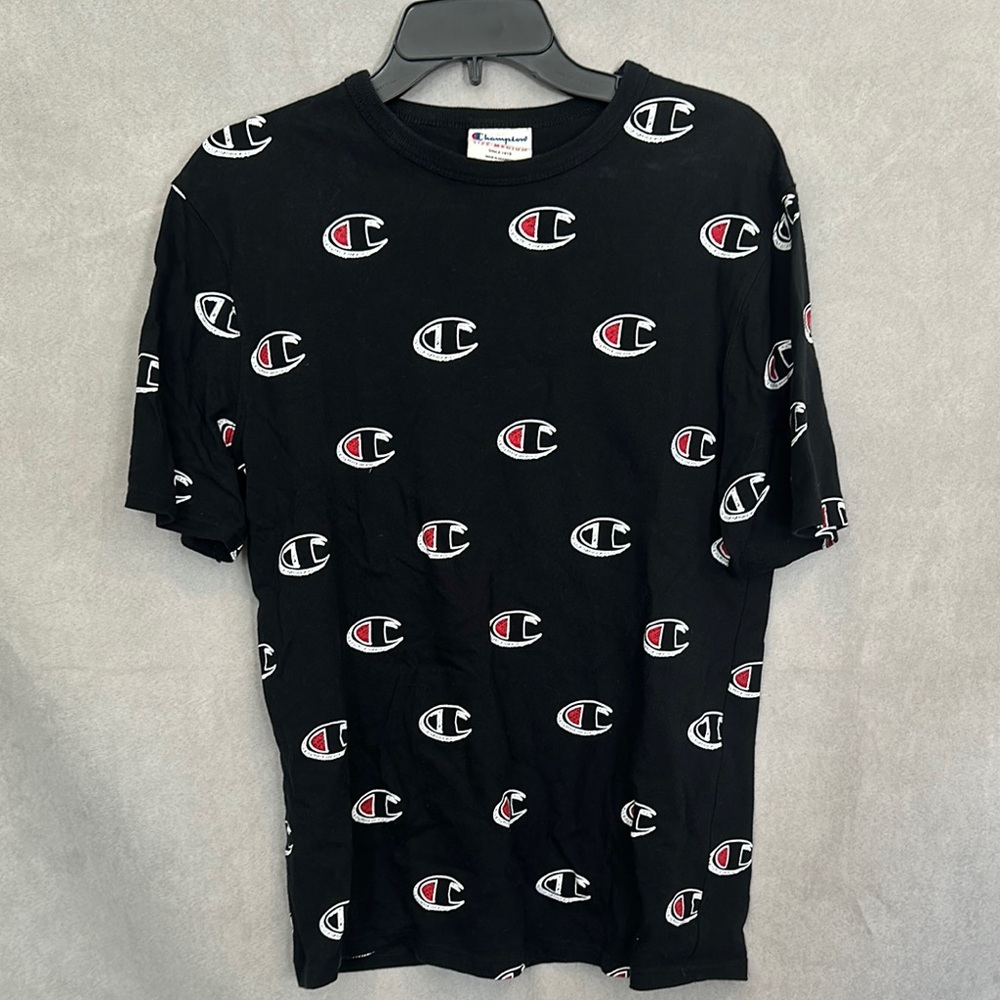 Champion Black Tee with Red and White Logo Design